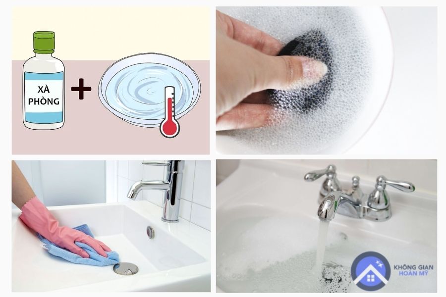 Dùng xà phòng và nước nóng giúp loại bỏ các vết bẩn trên bồn rửa